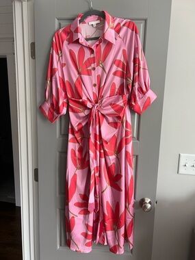 Karlie Pink Dress with Red Floral Print - Tie-Waist Midi